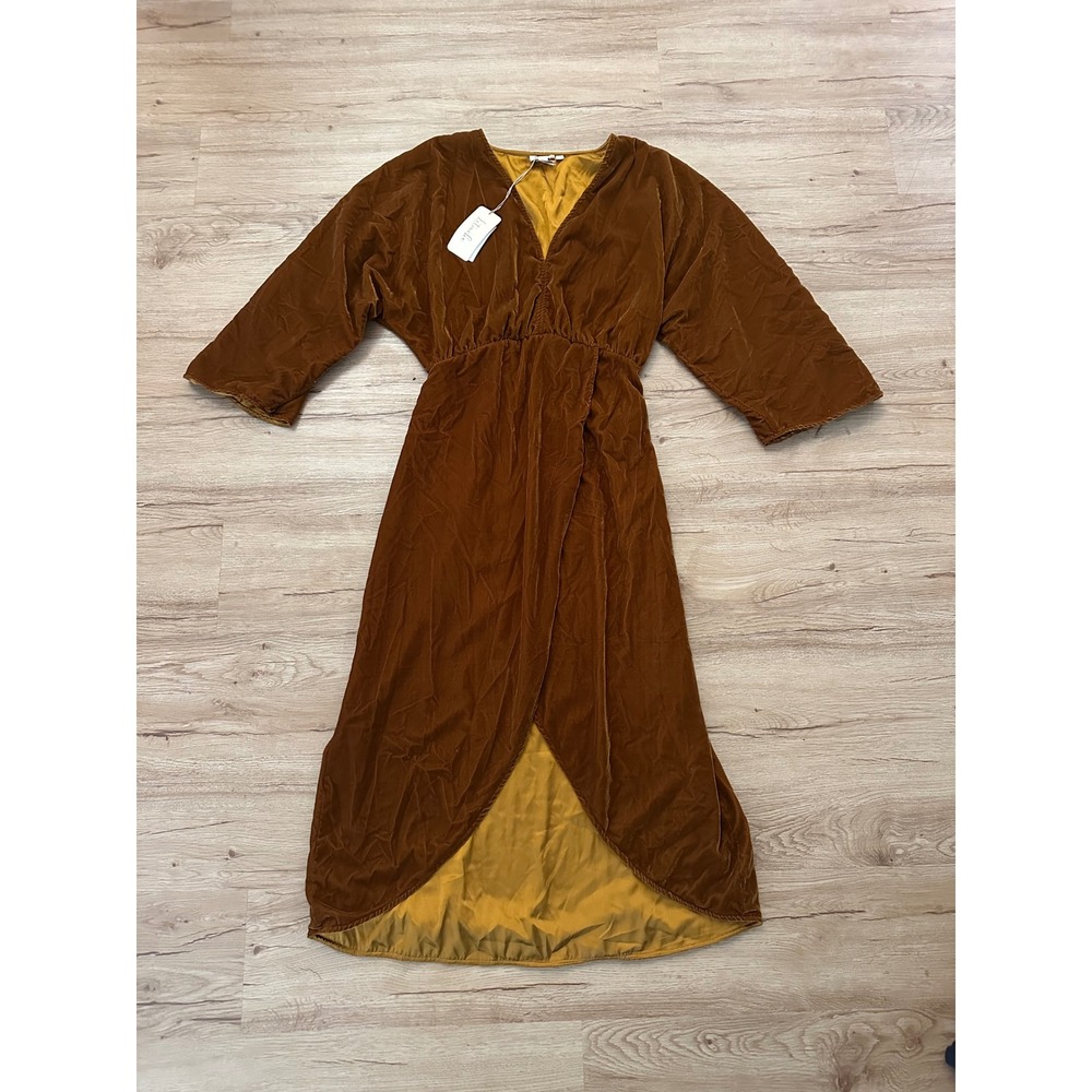 NWT Anthropologie Let Me Be Asymmetrical Velvet Midi Dress Gold Brown M $180